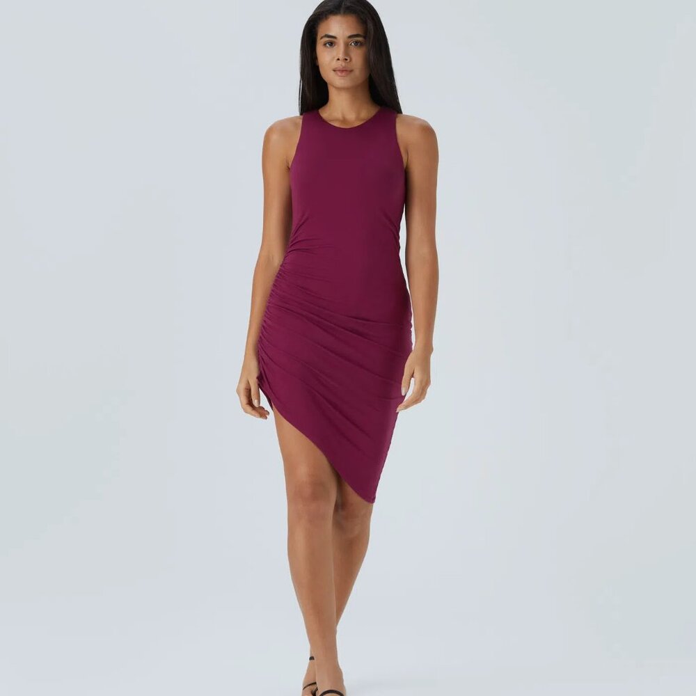 NWT Halara Round Neck Ruched Asymmetric Hem Mini Casual Dress M in RED VIOLET
